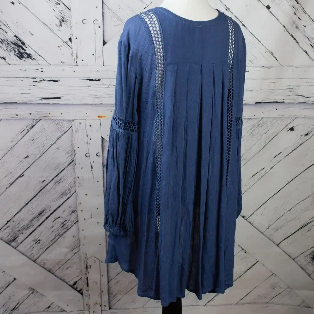 Free People Blue Just The Two Of Us Tunic Long Sleeve Hi-Lo Boho Mini Dress XS